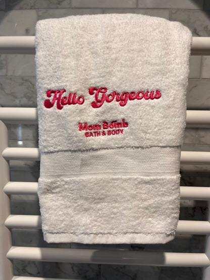Mom Bomb Bath and Body embroidered logo detail on the Hello Gorgeous bath towel