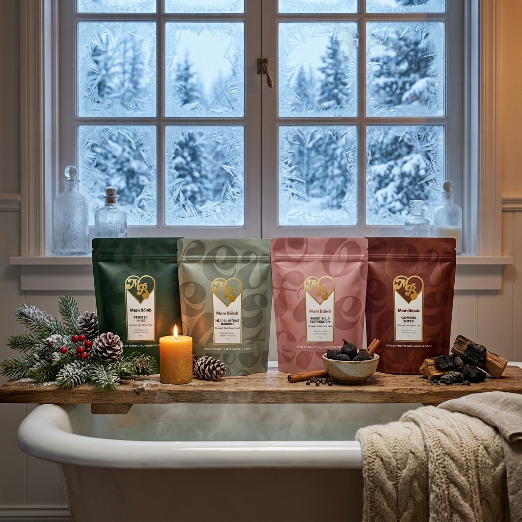 Winter Warmth magnesium soak bags beside a bathtub by a snowy window