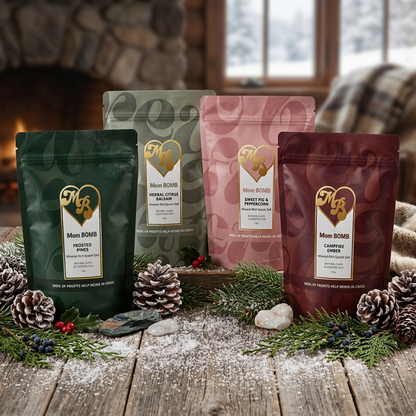 Winter Warmth magnesium soak bags with pine cones by a fireplace