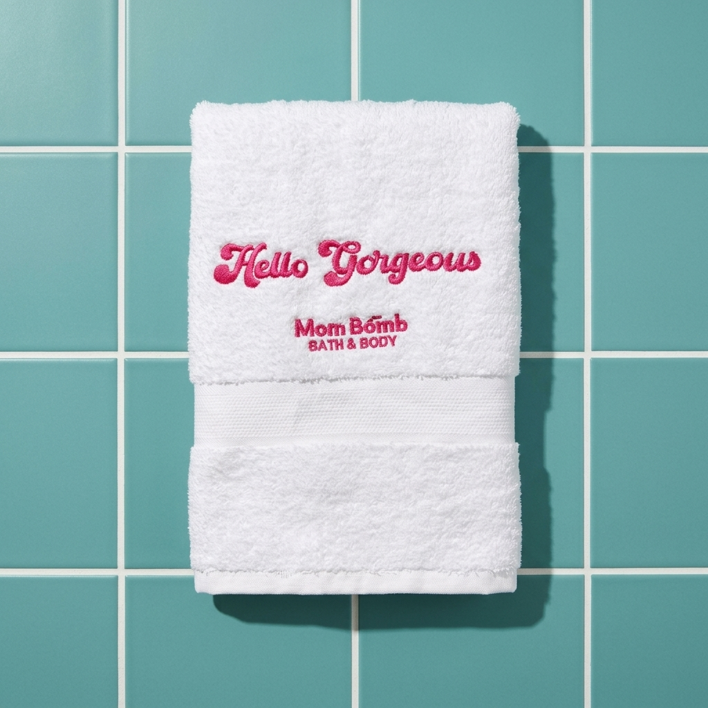 Hello Gorgeous embroidered bath towel folded against a blue tile bathroom wall