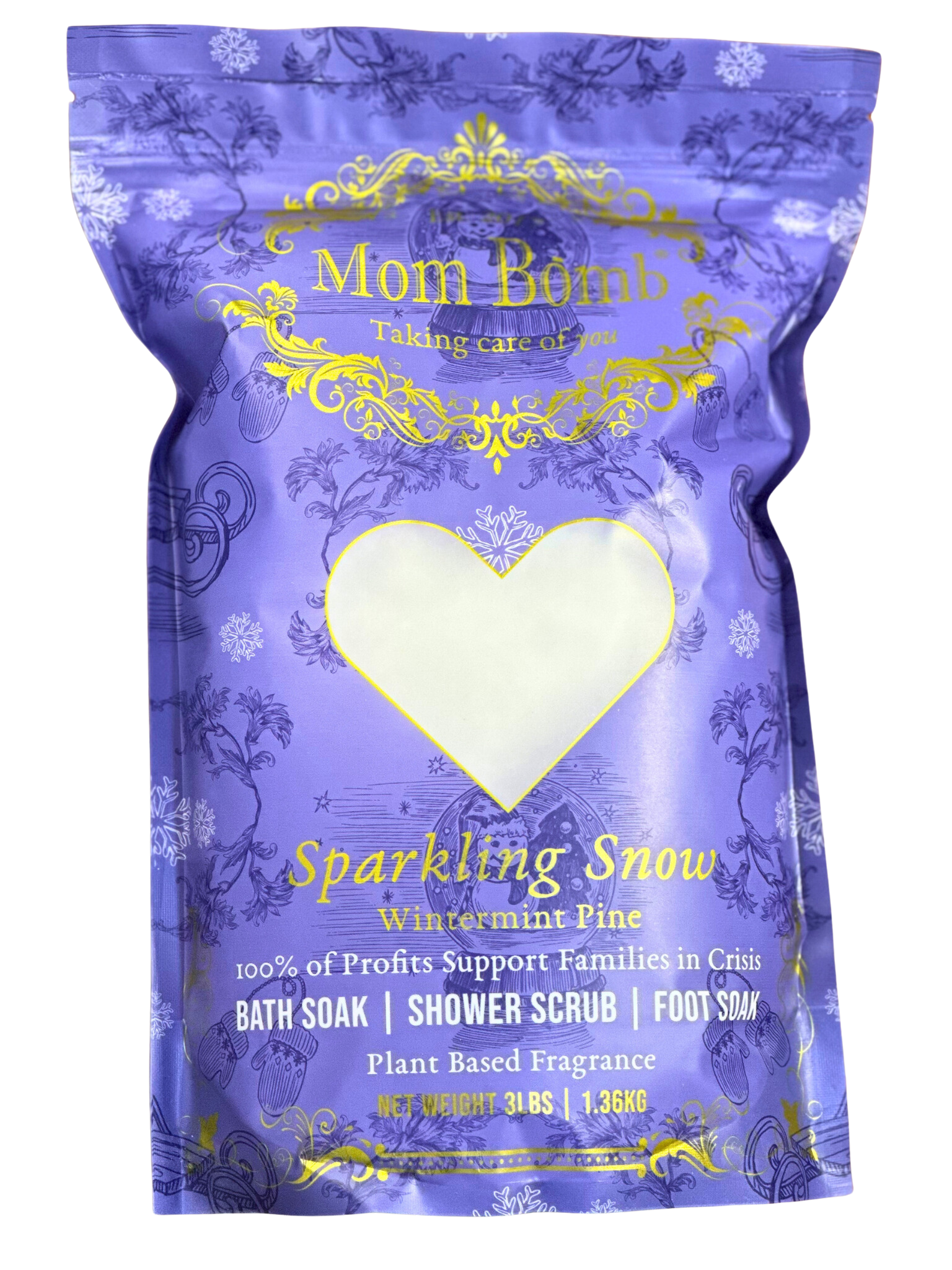 Mom Bomb Sparkling Snow Bath Salts Shower Scrub and Foot Soak – All-Natural, Vegan, Multi-Use for Winter Revitalization (3lbs)