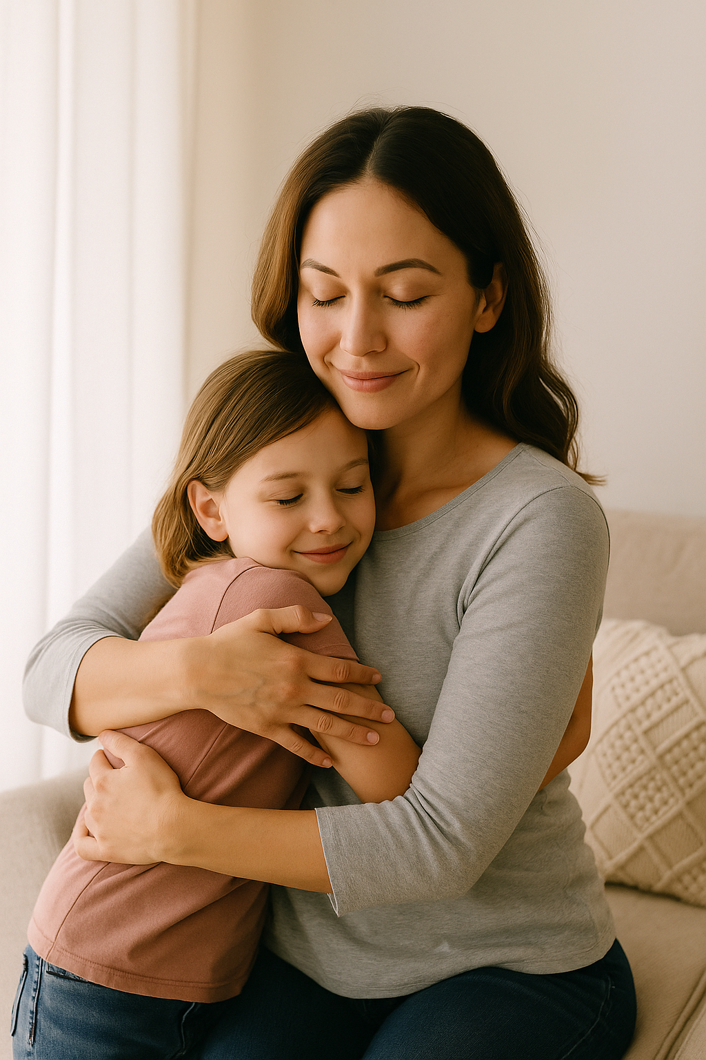 Mother and young daughter hugging on a couch with closed eyes and peaceful smiles, in soft natural lighting.