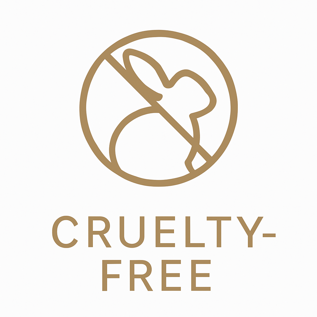 Gold icon of a bunny with a slash through it above the words “Cruelty-Free” on a white background.
