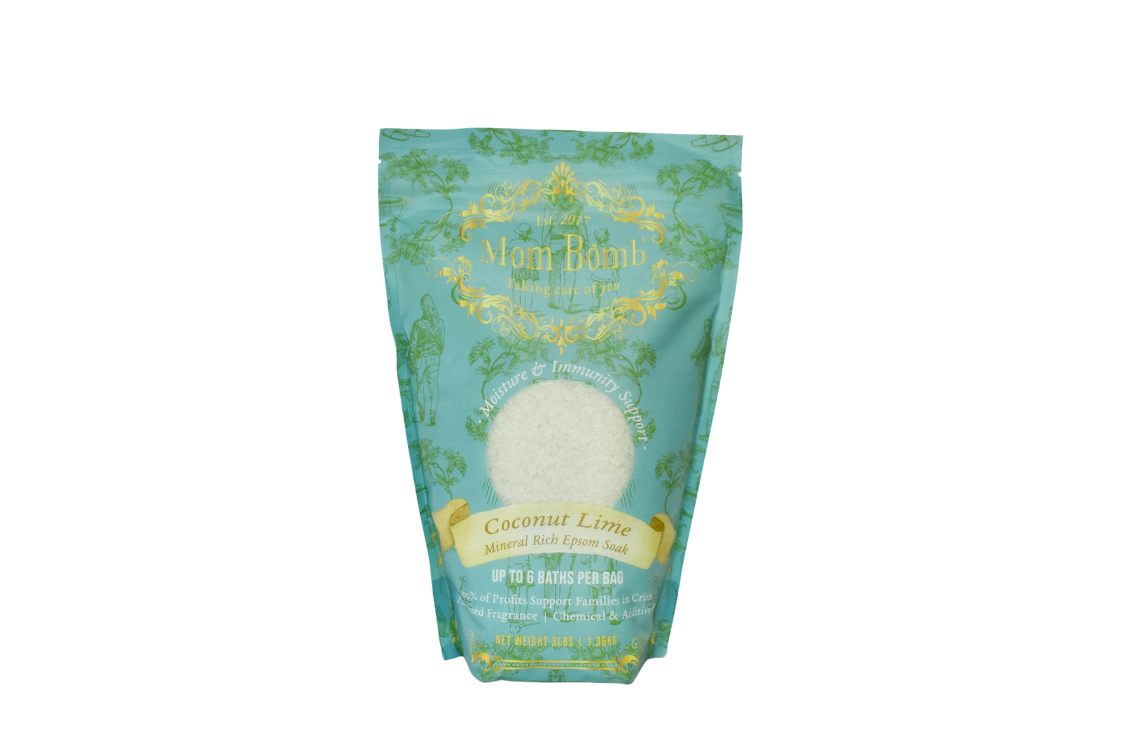 Mom Bomb Coconut Lime Bath Soak – 3 lb turquoise pouch shown on a white background with gold botanical detailing and product label reading moisture and immunity support