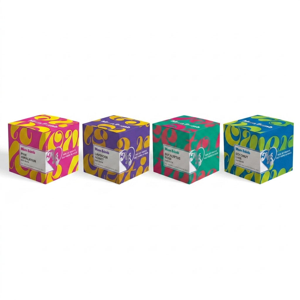 The Originals bath bomb gift set from Mom Bomb: four 5 oz bath bombs in Eucalyptus Rose, Lavender Honey, Coconut Lime and Pink Himalayan, on white