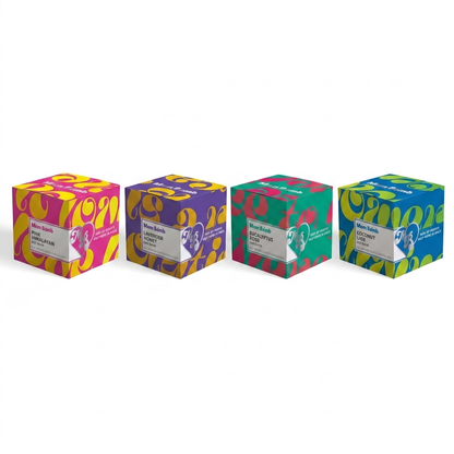 The Originals bath bomb gift set from Mom Bomb: four 5 oz bath bombs in Eucalyptus Rose, Lavender Honey, Coconut Lime and Pink Himalayan, on white