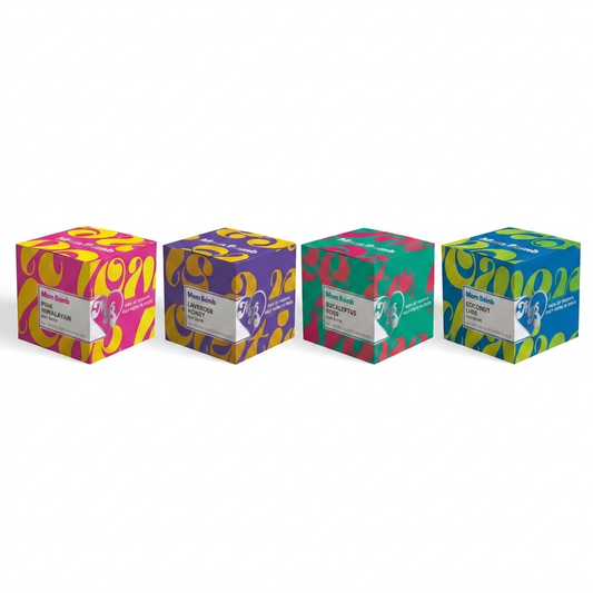 The Originals bath bomb gift set from Mom Bomb: four 5 oz bath bombs in Eucalyptus Rose, Lavender Honey, Coconut Lime and Pink Himalayan, on white