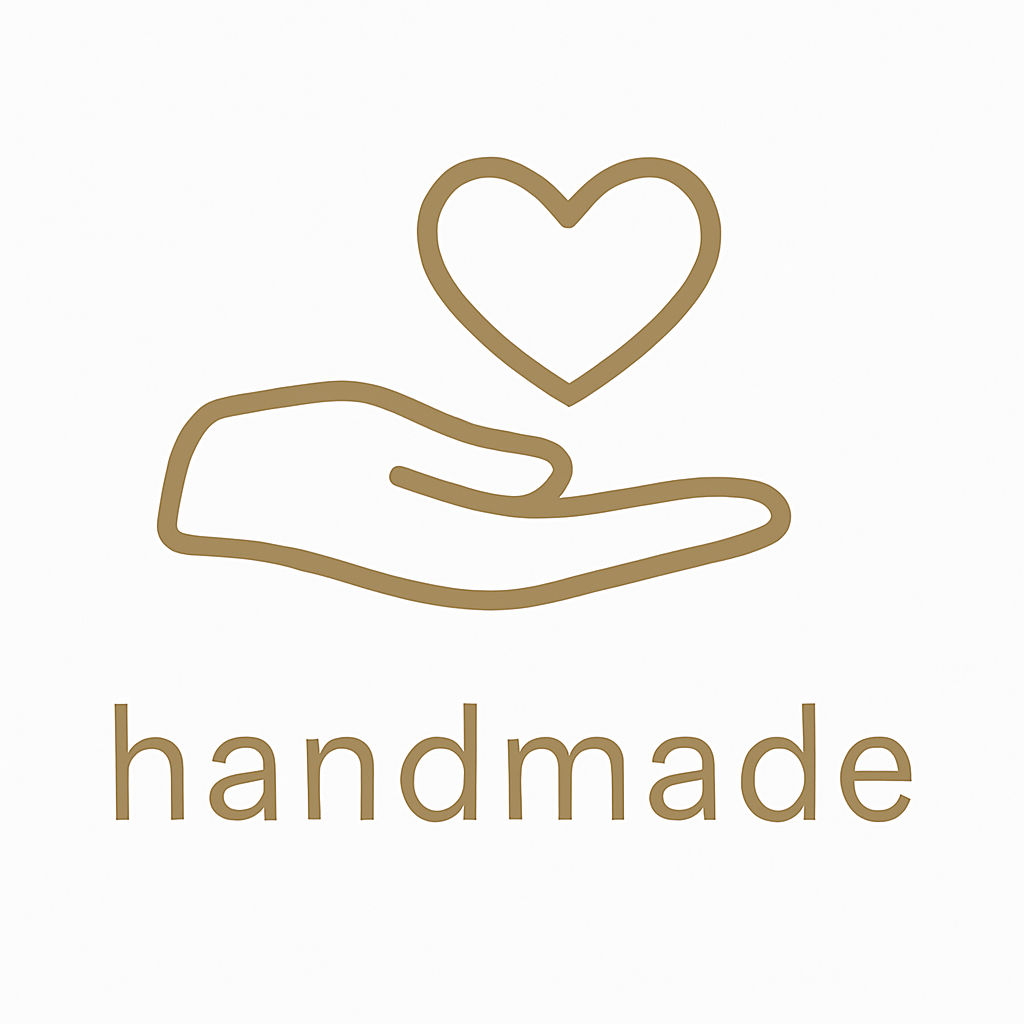 Gold icon of a hand holding a heart above the word “handmade” on a white background.