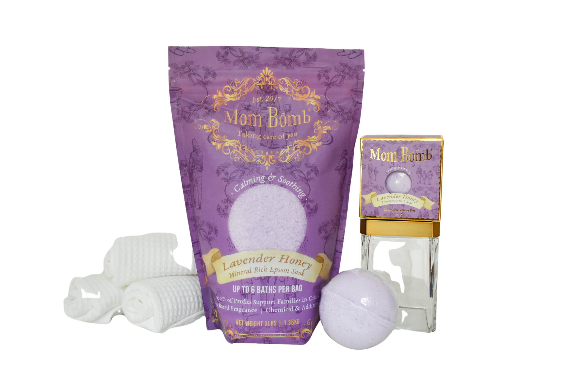 Mom Bomb Lavender Honey Bundle 7 oz Bath Bomb Plus 3lb Bath Soak