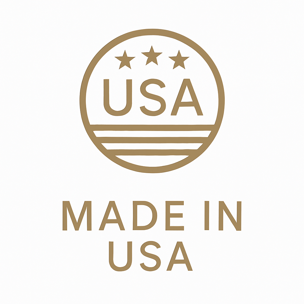 Gold USA emblem with three stars and horizontal lines above the words “Made in USA” on a white background.