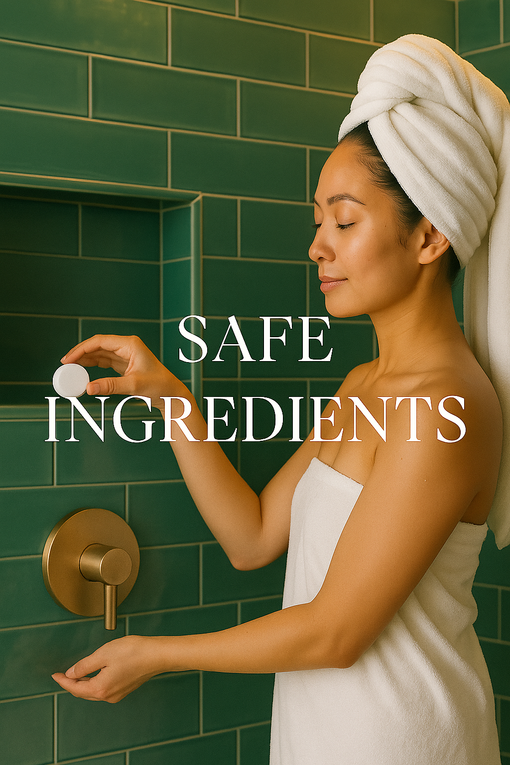 Woman in a towel and turban towel places a round bath steamer on a shower shelf against a green tiled wall. Text overlay reads “SAFE INGREDIENTS.”