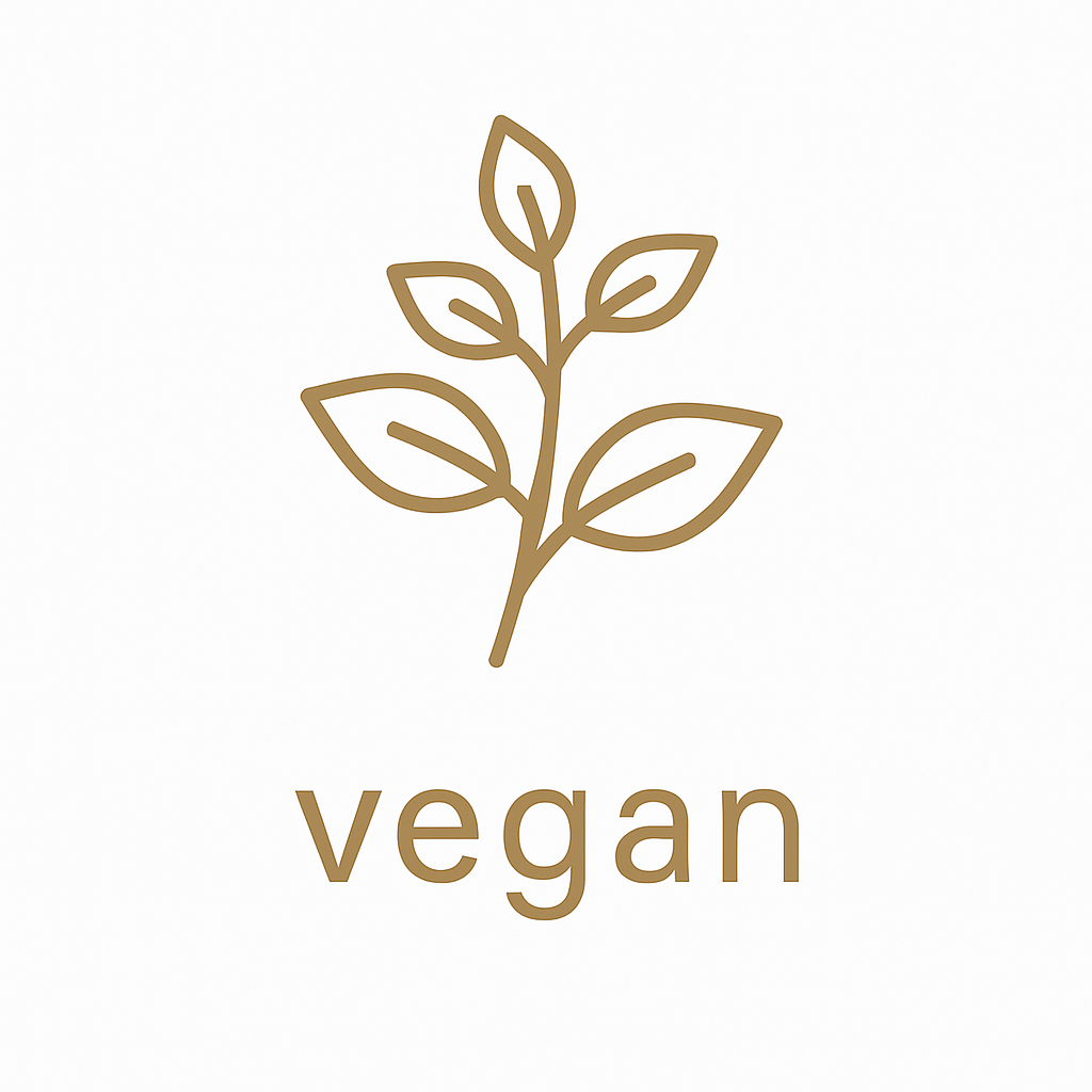 Gold minimalist line drawing of a leafy plant with the word “vegan” written underneath on a white background.